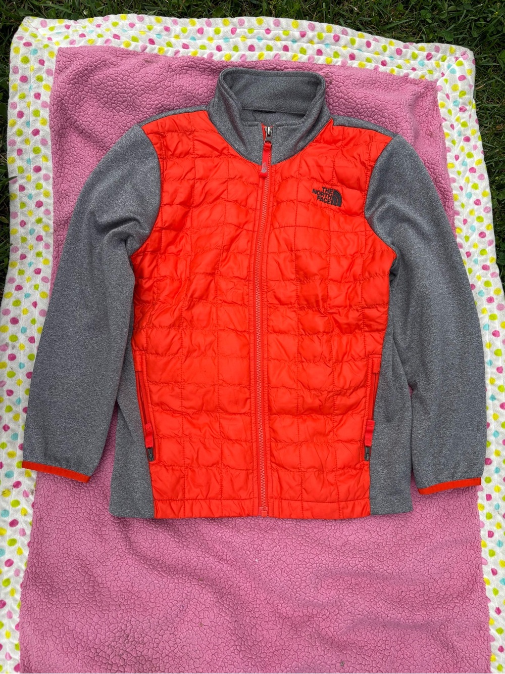 The North Face Kids Orange Down Quilted Front & Gray Fleece Hybrid Jacket